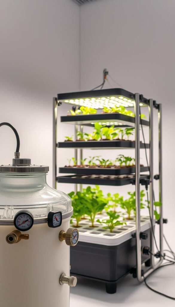 Detailed hydroponic system components arranged in a clean, well-lit studio setting. In the foreground, a nutrient solution reservoir with gauges and adjustable valves. In the middle, a tiered growing tray system with various hydroponics grow mediums and plant support structures. In the background, an efficient LED grow light array casting a warm, natural glow. The components are precisely positioned to highlight their functions and interconnectivity, conveying a sense of technical sophistication and horticultural expertise.