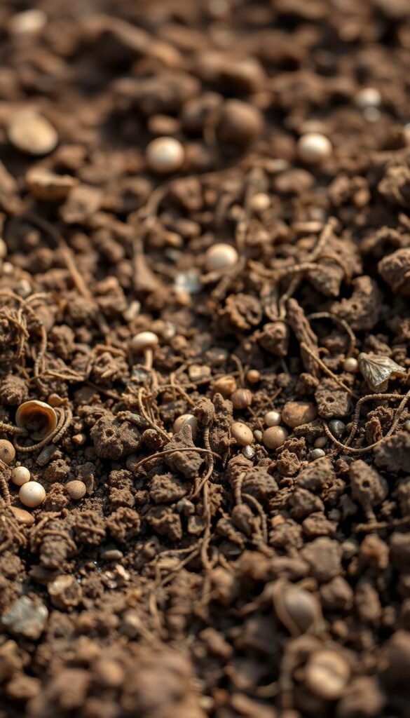 Detailed macro close-up of a vibrant, diverse no-till garden soil microbiome, capturing the intricate network of bacteria, fungi, and microorganisms that thrive in the rich, nutrient-dense earth. Soft, diffused natural light illuminates the intricate web of microscopic life, highlighting the rich browns, tans, and earthy tones. The composition focuses on the middle ground, with a shallow depth of field that gently blurs the foreground and background, drawing the viewer's attention to the captivating microcosm. The overall mood is one of awe and wonder at the hidden complexity of a healthy, living soil ecosystem.