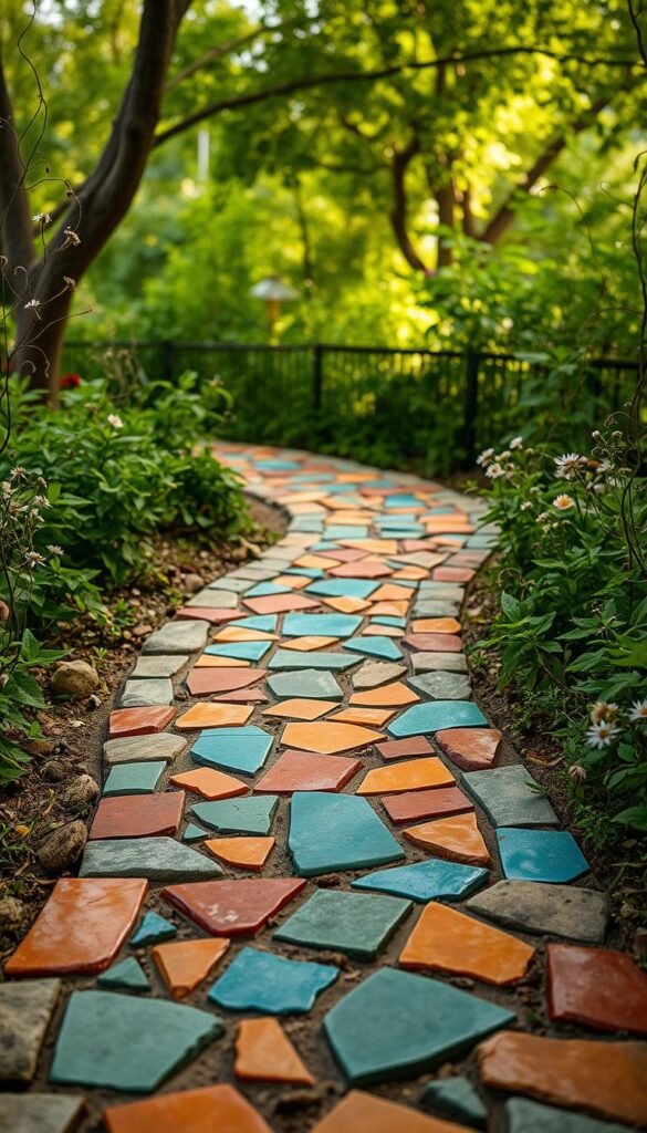 Detailed mosaic stepping stones arranged in a winding path through a lush, verdant garden. The stones are composed of vibrant, irregularly-shaped tiles in a variety of earthy hues - ochre, terracotta, sage, and turquoise. Delicate wildflowers and trailing vines frame the path, creating a charming, organic contrast. Soft, diffused natural light filters through the canopy of trees above, casting a warm, inviting glow across the scene. The overall composition conveys a sense of tranquility, whimsy, and the perfect balance of structure and nature.