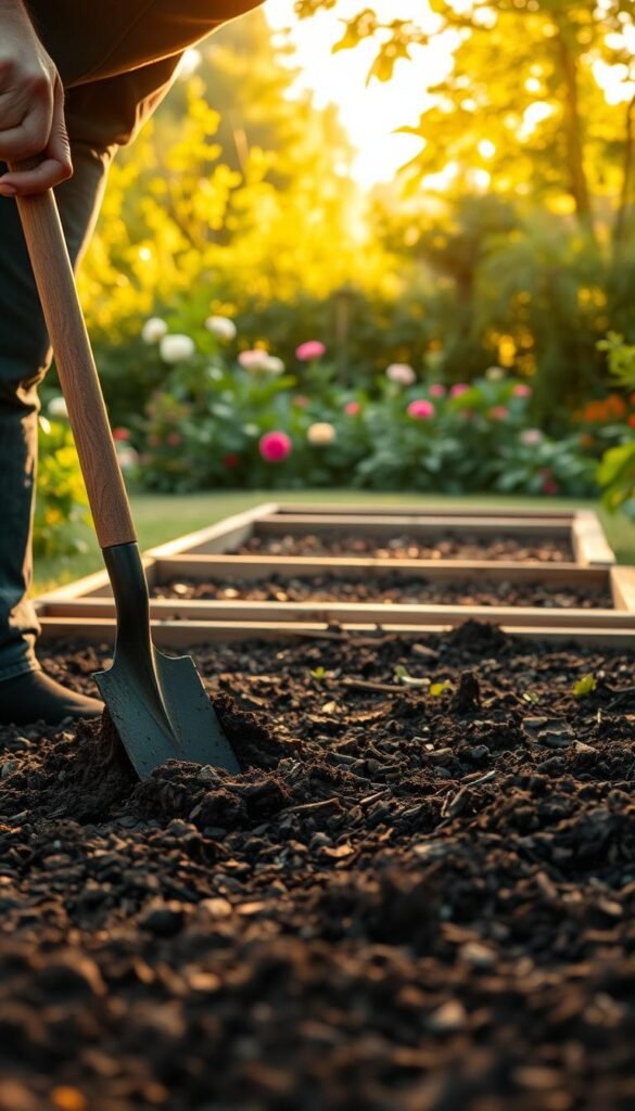 Detailed scene of a person preparing the ground for a raised garden bed. The foreground shows a person using a spade to carefully till and loosen the soil, revealing rich dark earth. In the middle ground, the outlines of the raised bed frame are visible, with fresh mulch or compost ready to be added. The background depicts a lush, verdant garden setting, with flowering plants and trees providing a natural backdrop. Warm, soft lighting casts a golden glow over the scene, creating a serene and inviting atmosphere. The overall composition emphasizes the care and attention required to properly prepare the ground for a successful raised bed garden.