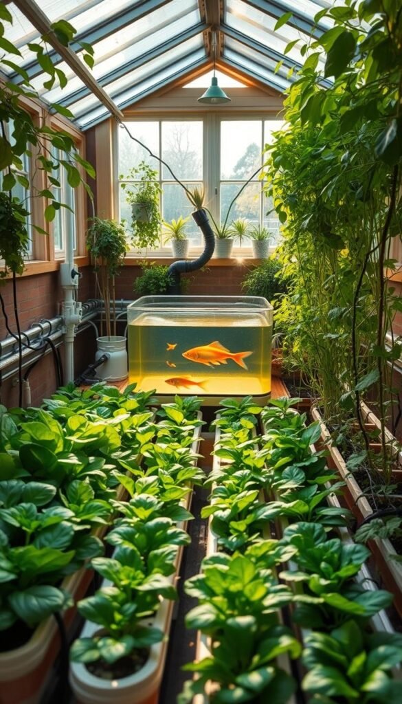 Detailed step-by-step aquaponics installation at a cozy home garden. A lush, well-lit indoor greenhouse with a large central fish tank, surrounded by neatly arranged grow beds full of thriving leafy greens and herbs. The system's mechanical components - pumps, pipes, and filters - are elegantly integrated into the design. Warm, natural lighting filters through large windows, casting a soft glow on the verdant foliage. The overall atmosphere is serene, inviting, and a harmonious fusion of nature and technology.