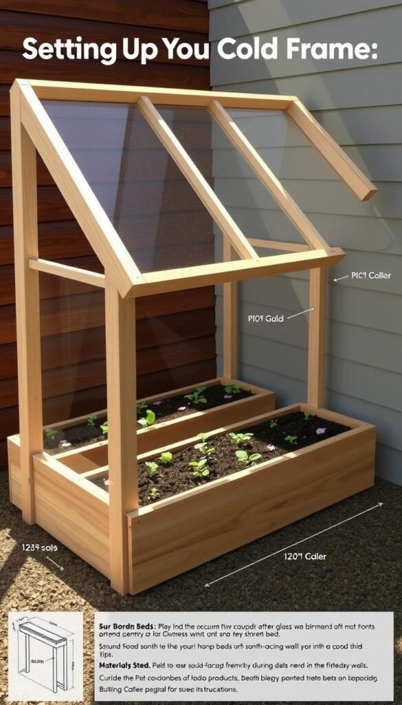 Detailed technical diagram of a DIY cold frame construction. Intricate wooden frame with angled glass or transparent panels on top, allowing abundant natural light to reach the plants inside. Raised beds with rich soil, positioned against a south-facing wall to maximize sun exposure during the colder months. Precise measurements of the frame dimensions, materials used, and assembly instructions. Crisp, high-resolution render with clean, minimalist aesthetics to illustrate the step-by-step process of building a functional and efficient cold frame for an article on "Setting Up Your Cold Frame".
