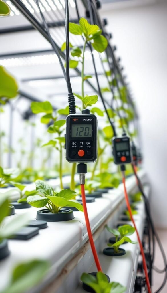 High-quality closeup photograph of an advanced hydroponic system, showcasing the electrical conductivity (EC) sensors and how they monitor nutrient levels. The system is illuminated by soft, natural lighting, with a clean, minimalist background that emphasizes the technology. The image should convey a sense of precision, efficiency, and the crucial role of EC in optimizing nutrient uptake for robust hydroponic plant growth. Captured from a slightly elevated angle to provide a clear view of the key components, with a shallow depth of field to focus attention on the EC measurement devices.