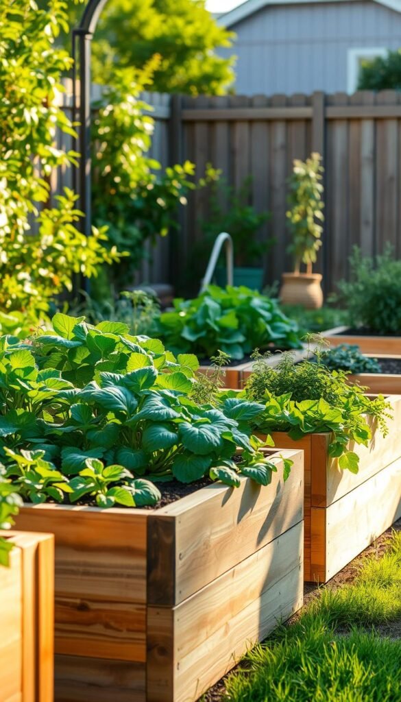 High-quality raised garden beds with lush, thriving vegetables and herbs in a serene, sunlit backyard setting. The beds are constructed with natural wood, neatly arranged in a symmetrical layout. Verdant foliage spills over the edges, casting soft shadows. Warm, diffused lighting illuminates the scene, creating a peaceful, inviting atmosphere. A sense of abundance and vitality emanates from the well-tended plants, showcasing the benefits of raised bed gardening - improved soil quality, better drainage, and easy accessibility. The image captures the essence of a productive, low-maintenance square foot garden, inspiring viewers to explore the advantages of this sustainable gardening approach.