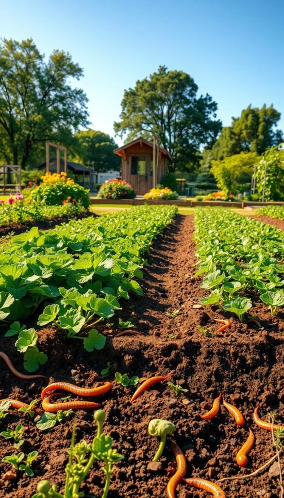 High-resolution, detailed, photorealistic image of a lush, thriving no-till garden showcasing its top benefits. Foreground features healthy, diverse vegetation and soil teeming with earthworms, microorganisms, and other life. Middle ground displays abundant vegetables, fruits, and flowers growing in neat rows without tilling. Background depicts a peaceful, sun-dappled garden setting with mature trees, a garden shed, and a clear blue sky. Warm, natural lighting creates a serene, inviting atmosphere. Captured from a slightly elevated angle to provide a comprehensive, panoramic view of the vibrant, biodiverse no-till ecosystem.