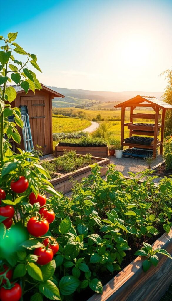 High-resolution, hyper-detailed digital art image of a flourishing vegetable garden with bright, warm sunlight filtering through lush greenery. In the foreground, a raised garden bed filled with thriving tomato, pepper, and leafy green plants. In the middle ground, a wooden garden shed with a neatly organized tool rack and seedling trays. In the background, a picturesque landscape of rolling hills, a winding path, and a clear blue sky. The scene conveys a sense of peace, productivity, and a deep understanding of the ideal growing conditions for a bountiful beginner's garden.