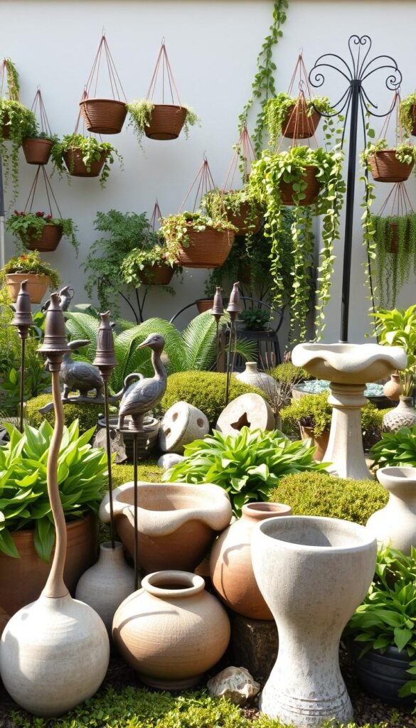 Layered garden art design with lush greenery, textural elements, and whimsical sculptures. In the foreground, a collection of ceramic planters and metal garden stakes in organic shapes and earthy tones. The midground features a mix of leafy plants, mossy stones, and a weathered stone birdbath. The background showcases a variety of hanging baskets, trailing vines, and a towering metal sculpture that casts dynamic shadows. Soft, diffused lighting filters through the scene, creating a serene, inviting atmosphere. The overall composition balances form, texture, and visual interest to create a captivating layered garden art display.