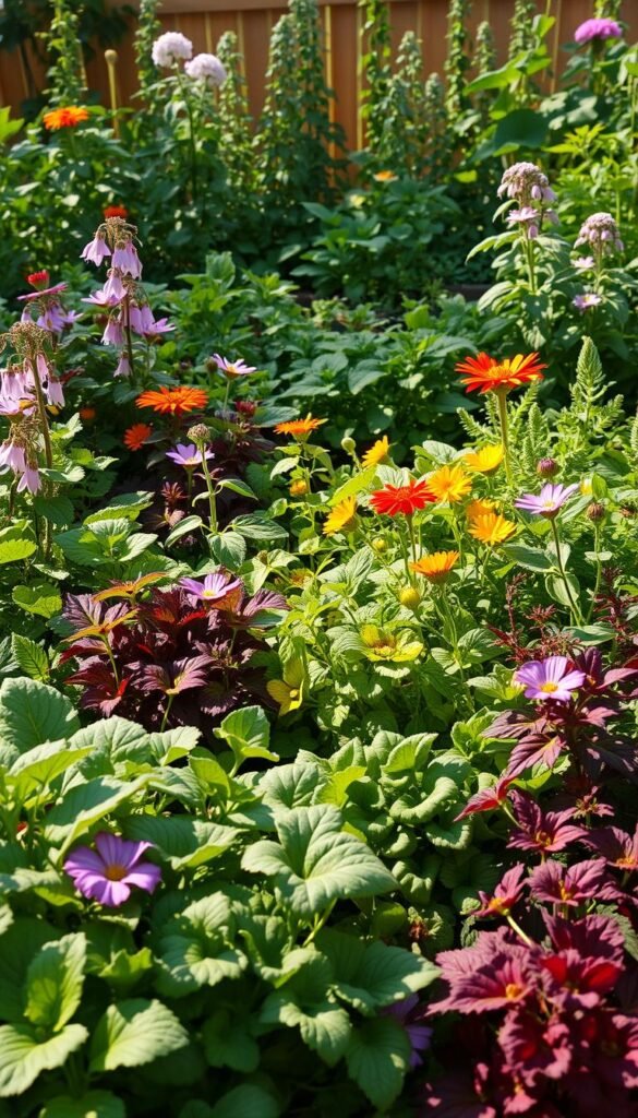 Lush garden bursting with vibrant companion plants, arranged in a harmonious layout. In the foreground, various vegetables, herbs, and flowers thrive together, their leaves and petals intertwined. The middle ground showcases a diverse array of plants, each complementing the others, creating a visually striking and productive ecosystem. The background features a warm, sun-dappled scene, with soft shadows and a sense of depth, emphasizing the beauty and benefits of this natural symbiosis. Realistic lighting and a slightly wide-angle perspective capture the essence of this thriving, mutually beneficial garden.