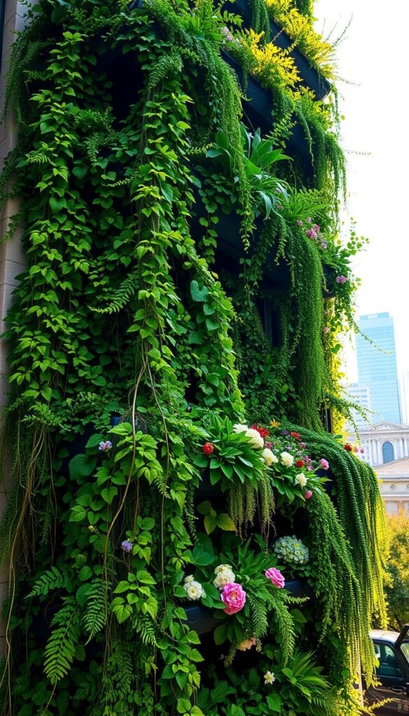 Lush, verdant vertical garden cascading down the side of a city building, brimming with a vibrant array of foliage - trailing vines, leafy ferns, and blooming flowers. Sunlight filters through the greenery, casting a warm, natural glow. The vertical garden frames an urban cityscape in the background, creating a striking contrast between the manmade and the natural. Diverse plant species are artfully arranged in tiered planters, showcasing the beauty and versatility of vertical gardening. The composition evokes a sense of tranquility and renewal, a serene oasis amidst the bustling city. Captured with a wide-angle lens to emphasize the scale and scope of this captivating vertical garden installation.