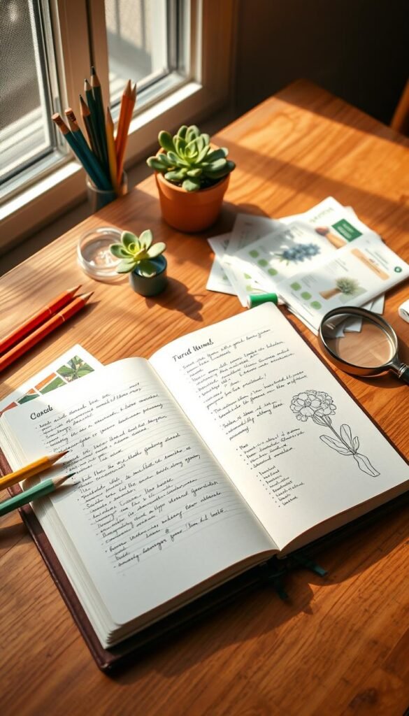 Organized garden journal layout, with a crisp, clean aesthetic. A hardcover journal sits open on a wooden table, its pages filled with neat handwriting and hand-drawn sketches of plants and flowers. Surrounding it, various gardening tools and supplies are arranged in a visually pleasing manner - colored pencils, a magnifying glass, seed packets, and a small potted succulent. Warm, natural lighting filters in through a window, casting a soft glow on the scene. The overall composition conveys a sense of order, attention to detail, and a passion for documenting the growth and discoveries of a thriving garden.