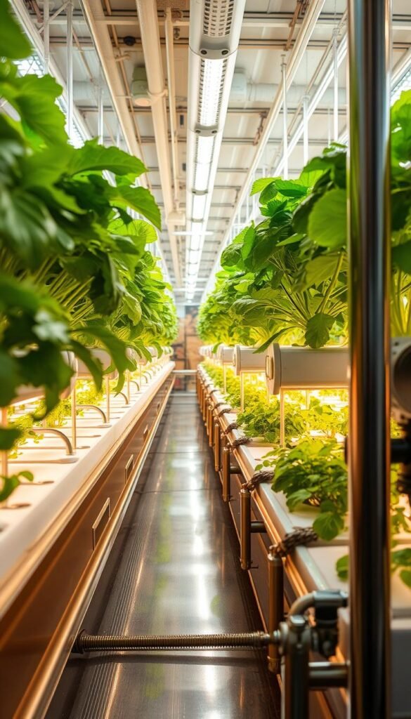 Prompt A pristine hydroponics system, bathed in warm, diffused lighting. Glistening glass enclosure, meticulously cleaned, reflecting the lush greenery of thriving plants. Rows of leafy herbs and vegetables, their leaves gently swaying, nourished by a network of clear tubing delivering nutrient-rich water. The air is crisp and clean, devoid of any impurities, creating an atmosphere of absolute control and sterility. Gleaming stainless steel equipment lines the periphery, testament to the rigorous maintenance required for a healthy, productive hydroponic environment. This is a sanctuary of precision, where every factor is carefully monitored and optimized for optimal plant growth.