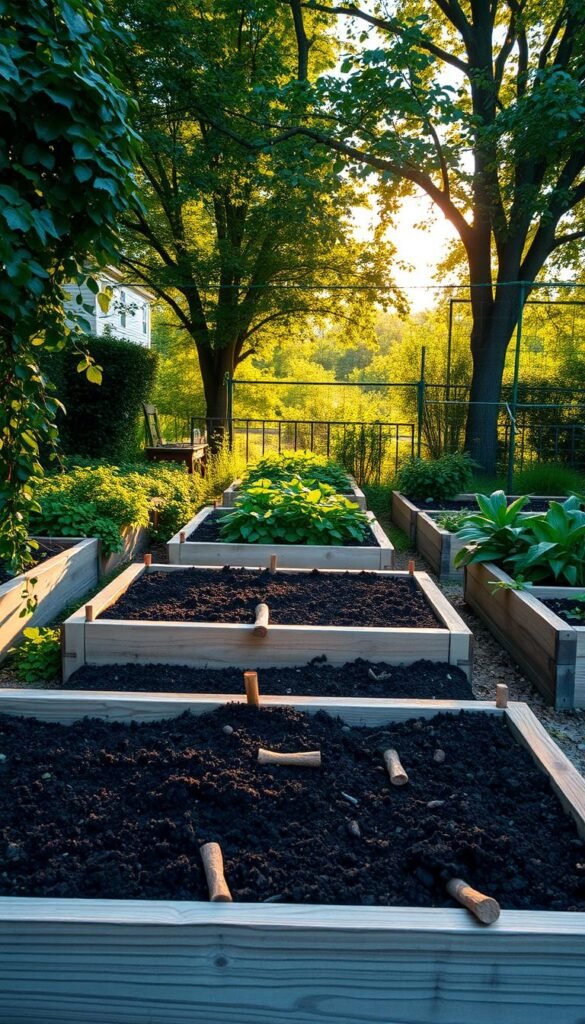 Raised garden beds, filled with layers of rich, dark soil, nestled in a lush, verdant backyard. The beds are constructed with weathered, natural wood, their edges softened by cascading vines and trailing greenery. Warm, golden sunlight filters through the canopy of overhanging trees, casting a gentle glow over the scene. The soil, a combination of nutrient-dense compost and loamy earth, appears loose and inviting, ready to nourish a thriving vegetable garden. A sense of tranquility and productivity permeates the space, beckoning the viewer to imagine the bountiful harvest that will soon emerge from these carefully crafted beds.