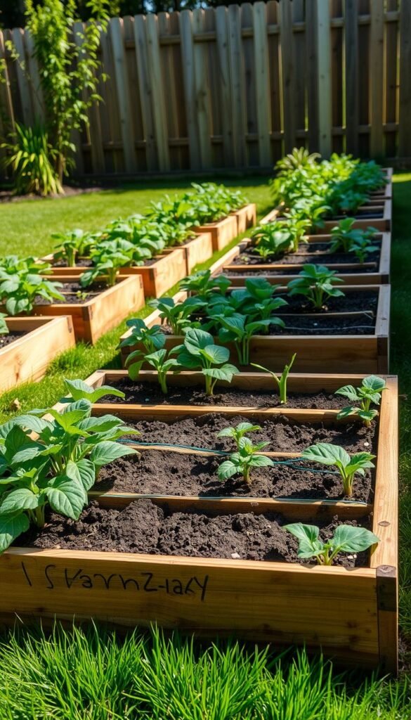 Raised garden beds, their wooden frames neatly aligned, sit in a sun-dappled backyard. Verdant plants thrive in the rich soil, their leaves gently swaying in the breeze. A close-up view showcases the intricate grid system, each section marked for a different crop. The beds are framed by a lush, well-maintained lawn, with a wooden fence in the background, creating a sense of order and tranquility. The lighting is soft and natural, casting warm shadows that add depth and dimension to the scene. A low-angle perspective emphasizes the practical, hands-on nature of square foot gardening, inviting the viewer to envision themselves tending to their own thriving plot.