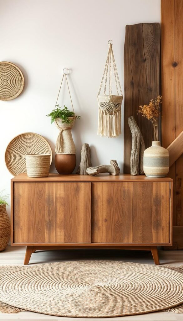 Rustic and refined, a harmonious display of reclaimed wood textures and organic fiber decor. In the foreground, a mid-century modern credenza with a smooth, weathered facade, flanked by woven rattan baskets and a macrame plant hanger. The middle ground features a hand-knotted jute area rug, its earthy tones complementing the wooden accents. In the background, natural elements like driftwood sculptures and a simple clay vase with dried flowers create a calming, nature-inspired ambiance. Soft, diffused lighting casts a warm glow, evoking a cozy, spa-like atmosphere. The composition is balanced, with clean lines and a cohesive color palette that exemplifies the beauty of sustainable, eco-friendly home decor.