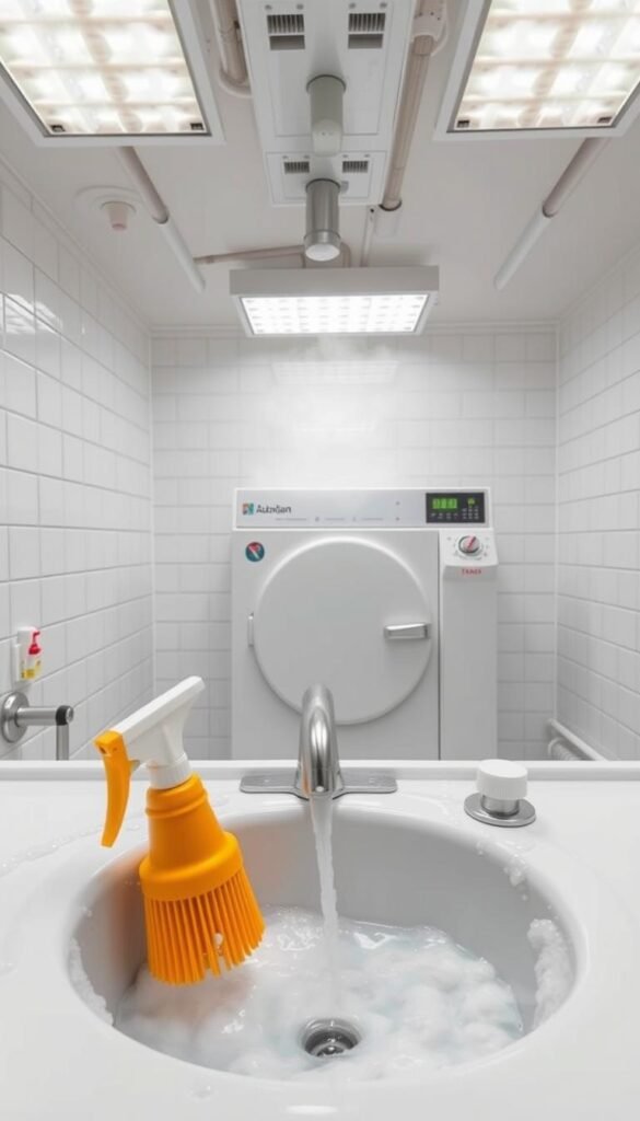 Sanitation vs. Sterilization: two contrasting processes depicted in a clean, clinical environment. In the foreground, a sink overflows with soapy water, scrub brushes, and disinfectant spray - the tools of sanitation. In the middle ground, a medical-grade autoclave emits steam, the essence of sterilization. The background features pristine white tiles, harsh overhead lighting, and a sense of order and precision. The overall mood is one of clinical efficiency, where cleanliness is paramount. Crisp edges, muted colors, and a focus on the key equipment convey the technical nature of these essential practices for maintaining a healthy, thriving hydroponic system.