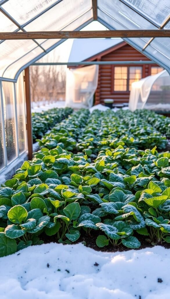 Sprawling winter garden with a frosty cold frame in the foreground, its glass panels reflecting the low angle sunlight. Leafy greens and tender seedlings thrive within, protected from the crisp, snow-dusted air. In the middle ground, rows of vibrant vegetables peek out from under lightweight row covers, their leaves glistening with gentle frost. The background reveals a cozy log cabin, its windows aglow, hinting at the warm indoors beyond. A sense of peaceful productivity pervades the scene, capturing the essence of cold frame gardening during the colder months.