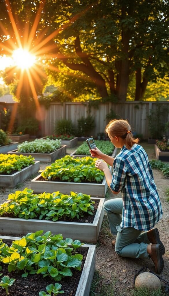 Sunlight assessment for garden beds: a well-lit backyard, with lush, verdant raised garden beds arranged in an orderly fashion, bathed in warm, golden sunshine that filters through a canopy of leafy trees. The soil in the beds appears rich and fertile, ready to nurture a thriving vegetable garden. In the foreground, a gardener kneels, hand-measuring the sun's intensity with a light meter, carefully evaluating the optimal growing conditions. The scene exudes a sense of tranquility and anticipation, as the gardener plans the perfect layout for their backyard oasis.
