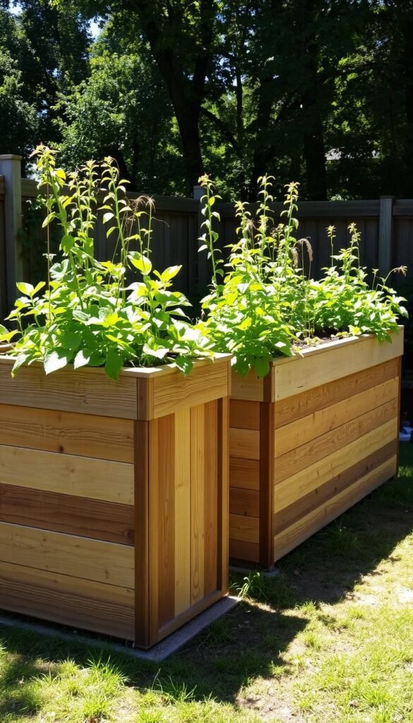 Tall, sturdy raised garden beds stand in a sun-dappled backyard. The beds are constructed from weathered wood planks, their surfaces a warm, natural hue. Lush, thriving plants fill the beds, their leaves and stems cascading over the edges. The beds are elevated to hip height, allowing for easy access and minimizing the need for bending or kneeling. Soft shadows play across the scene, creating a sense of depth and dimension. The overall atmosphere is one of tranquility and abundance, inviting the viewer to imagine the joys of gardening without the strain on the body.
