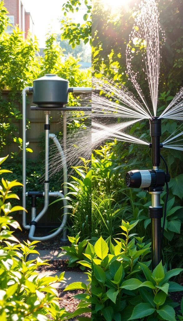 Two side-by-side irrigation systems, a gravity-fed system on the left and a pressurized system on the right, situated in a lush urban backyard garden. The gravity-fed system features a raised water reservoir connected to a network of flexible tubing, while the pressurized system has a compact electric pump powering a series of adjustable sprinklers. Sunlight filters through the surrounding verdant foliage, casting warm shadows and creating a peaceful, contemplative atmosphere. The systems are depicted with technical accuracy, showcasing their distinct components and mechanisms, inviting the viewer to compare and contrast the two approaches to delivering water to plants.
