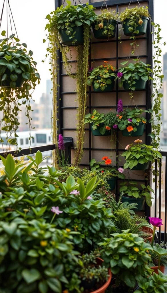 Vertical gardening ideas: a lush, thriving urban oasis showcasing a variety of cascading plants, verdant hanging baskets, and innovative wall-mounted planters. The foreground features an abundance of leafy greens, trailing vines, and colorful blooms in a visually harmonious composition. The middle ground depicts a well-designed modular vertical garden system, allowing for efficient use of limited space. The background sets the scene with a softly blurred cityscape, suggesting a serene, nature-infused balcony or rooftop setting. Warm, diffused lighting casts a gentle glow, accentuating the vibrant foliage and creating an inviting, atmospheric ambiance. The overall impression is one of a space-saving, visually striking vertical gardening solution that maximizes productivity in a small-scale urban environment.