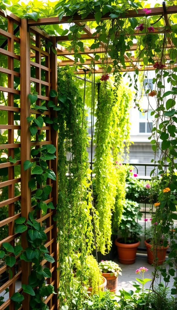 Vertical gardening solutions: a lush, verdant scene of towering trellises and cascading vines, bathed in soft, natural light. In the foreground, an intricate framework of wooden slats and metal supports, ready to host a variety of trailing plants. The middle ground showcases a variety of leafy greens and vibrant flowers, climbing upwards and spilling over the edges. In the background, a subtle blur of a small urban balcony or courtyard, hinting at the limited space that vertical gardening can transform. The overall atmosphere is one of tranquility and abundance, showcasing the potential of vertical gardening to maximize productivity in compact environments.