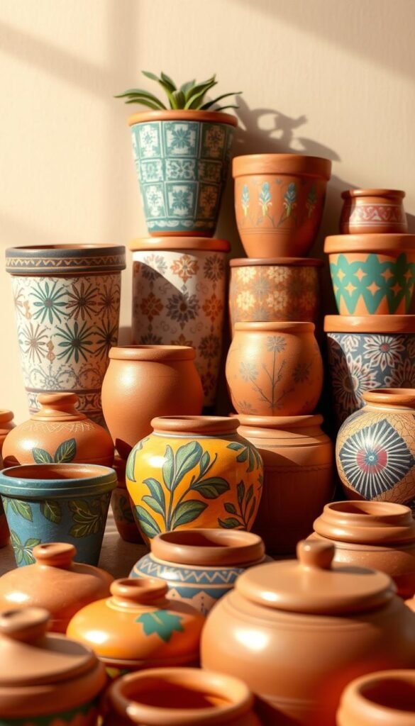 Vibrant and eclectic terracotta pots, artfully adorned with intricate brushstrokes and vibrant hues, set against a soft, neutral background. In the foreground, a collection of beautifully painted vessels in earthy tones, each one a unique canvas for self-expression. The middle ground showcases an array of playful patterns, from geometric designs to whimsical florals, bringing a sense of creativity and personality to the scene. Warm, directional lighting casts gentle shadows, accentuating the textural depth of the terracotta and the lively brushwork. The overall mood is one of artisanal charm and DIY inspiration, inviting the viewer to explore the endless possibilities of transforming these humble garden staples into works of art.