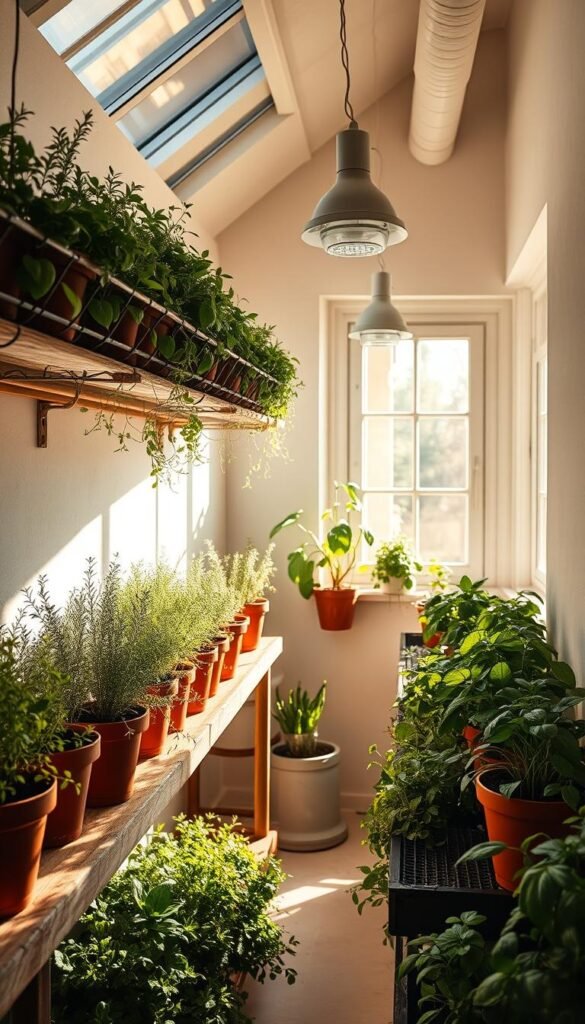 Vibrant indoor herb garden bathed in warm, diffused lighting. Lush, verdant foliage of thyme, rosemary, and basil arranged in terracotta pots on rustic wooden shelves. Soft, angled sunbeams filter through large windows, creating a harmonious, plant-filled oasis. Streamlined grow lights positioned overhead, optimizing photosynthesis for maximum herb growth. Minimalist, Scandinavian-inspired decor accentuates the natural beauty. Crisp, clean atmosphere permeated by the earthy aroma of freshly pruned herbs. Peaceful, serene setting that inspires culinary creativity.
