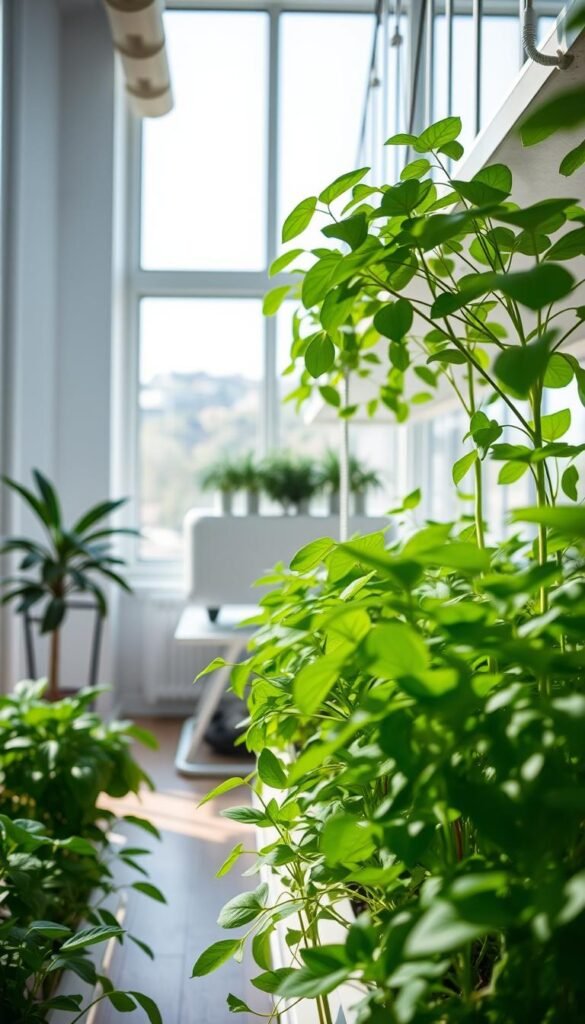 a beautiful, well-lit indoor hydroponic garden, featuring a variety of lush, thriving plants growing in a clean, modern space. The foreground showcases healthy green leafy plants, their stems and leaves gently swaying in the ambient light. The middle ground features a sleek, minimalist hydroponic system with clean lines and a simple, elegant design. The background reveals large windows that let in natural daylight, creating a warm, inviting atmosphere. The overall scene conveys a sense of tranquility and harmony, highlighting the beauty and vibrancy of indoor hydroponic gardening.