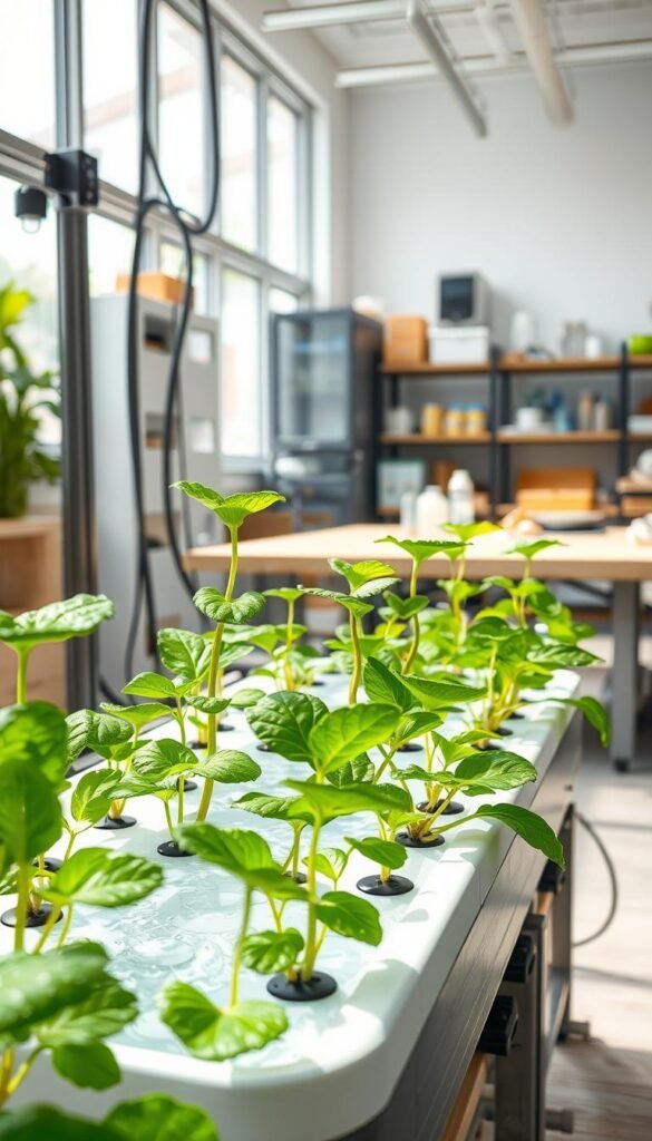 a detailed, photorealistic illustration of a modern hydroponic system, showcasing its key benefits. the setup is situated in a bright, well-lit indoor environment with natural lighting streaming in from large windows. in the foreground, several healthy, lush green plants are thriving in the carefully curated hydroponic setup, their leaves glistening with water droplets. the middle ground features the main hydroponic system components - the water reservoir, grow tray, and nutrient delivery mechanisms. the background depicts an orderly, organized workspace with shelving, supplies, and other equipment, conveying an atmosphere of efficiency and productivity. the overall scene highlights the precision, control, and abundance enabled by hydroponic cultivation, emphasizing why it is considered a superior alternative to conventional soil-based gardening.