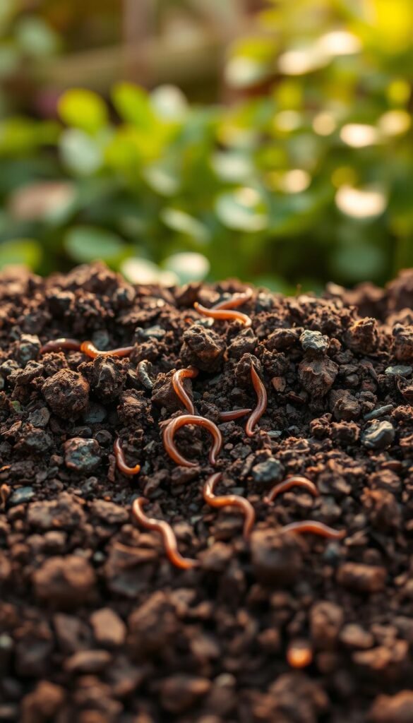 a lush, thriving garden soil with rich, dark brown hues, teeming with organic matter and earthworms, under soft, warm lighting that enhances the natural textures and details; the soil is loosely packed, with a crumbly, nutrient-dense structure, showcasing the ideal conditions for healthy plant growth; the background features blurred greenery, suggesting a well-established, vibrant garden setting, creating a serene, inviting atmosphere that embodies the principles of organic pest control through prevention.