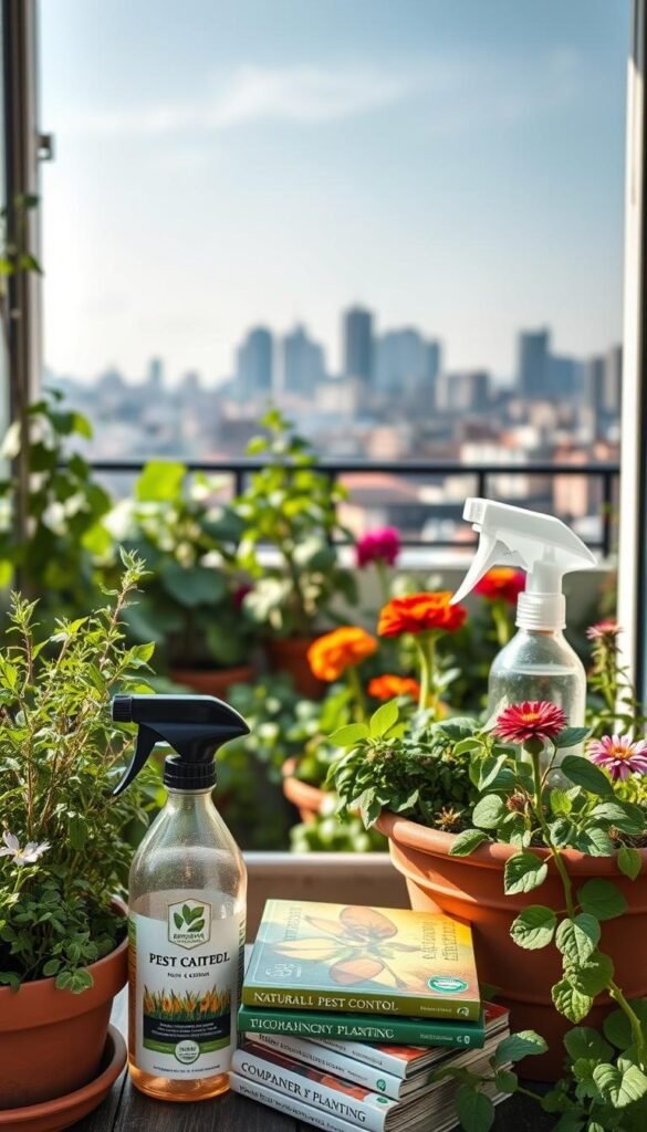 a lush, verdant balcony garden in soft natural light, with a variety of organic pest control methods displayed prominently in the foreground: a terracotta pot filled with fragrant herbs, a natural insecticide spray bottle, and a stack of companion planting guides. in the middle ground, healthy vegetable plants and flowering annuals thrive, while the background features a panoramic city skyline through an open balcony railing. the overall scene exudes a sense of tranquility and environmental harmony, showcasing effective yet eco-friendly solutions for managing garden pests.
