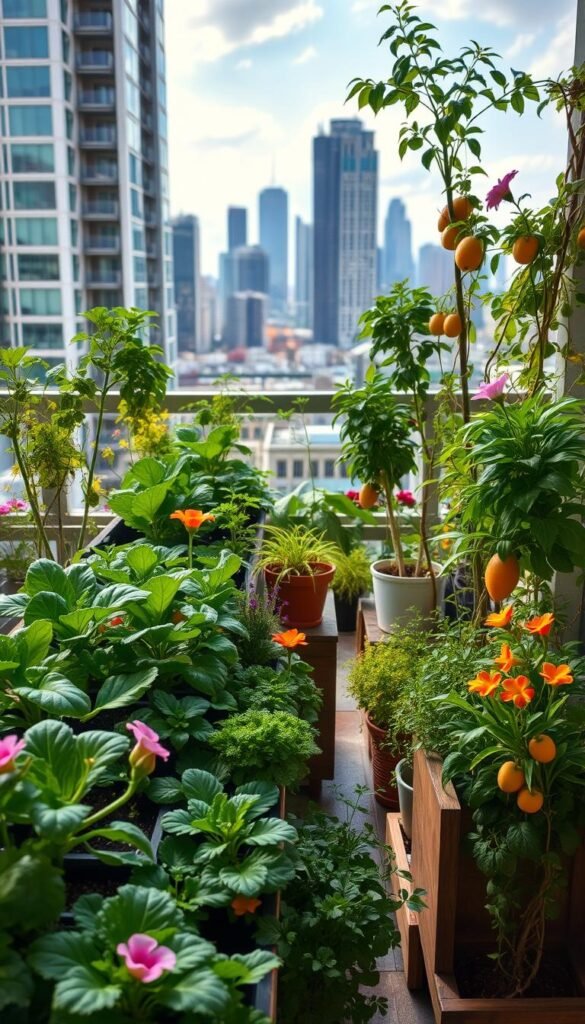 a vibrant urban garden filled with thriving plants, lush greenery, and vibrant flowers in a city apartment setting, showcasing the benefits of vertical gardening and sustainable urban landscaping. The foreground depicts healthy vegetable and herb plants growing in raised planters, with colorful blooms cascading over the edges. The middle ground features a mix of potted plants, trailing vines, and compact fruit trees, creating a serene, nature-inspired atmosphere. The background reveals a modern city skyline, with tall buildings and a glimpse of the urban landscape, emphasizing the contrast between the natural and the built environment. The scene is illuminated by natural, diffused lighting, casting a warm, inviting glow and accentuating the verdant tones of the plants. The overall composition conveys a sense of tranquility, productivity, and the possibility of bringing nature into urban living spaces.