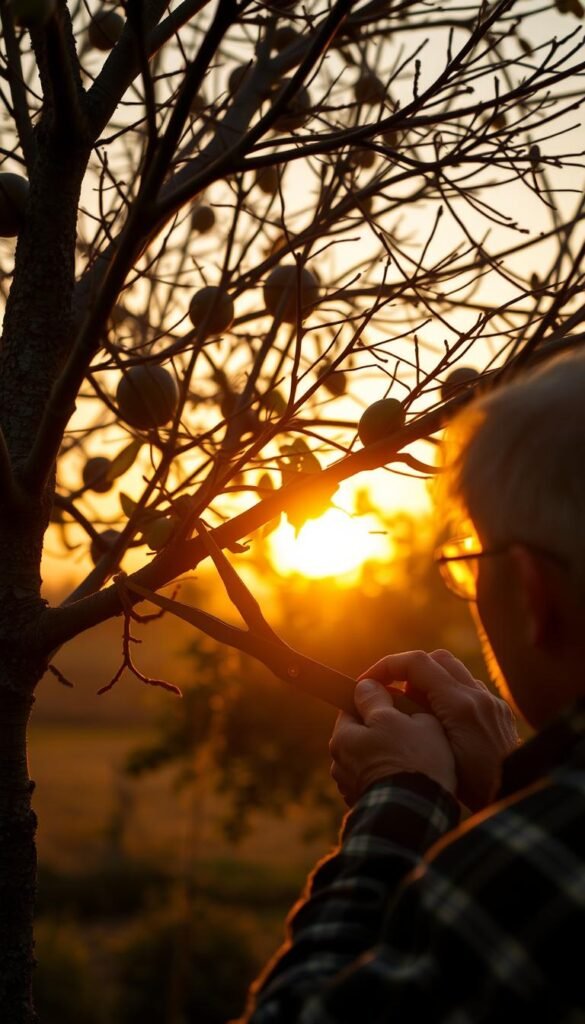 A backlit fruit tree in autumn, its bare branches silhouetted against a golden sunset sky. In the foreground, a gardener carefully prunes the tree, shears in hand, their focused expression conveying the importance of the task. The middle ground reveals the lush, green canopy of the tree, hinting at its potential for abundant fruit in the coming season. The background is blurred, emphasizing the tranquil, serene setting of the garden. Warm, directional lighting highlights the textures of the bark and the gardener's weathered hands, creating a sense of timelessness and the rhythm of the seasons.