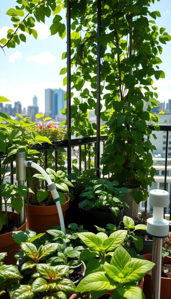A balcony container garden with a watering system. In the foreground, an assortment of thriving potted plants, their leaves glistening with moisture. A sleek, modern self-watering system with adjustable nozzles waters the plants evenly. The middle ground features a minimalist metal trellis supporting climbing vines. Dappled sunlight filters through the leaves, casting dynamic shadows. In the background, a city skyline provides an urban backdrop, emphasizing the small-space setting. The scene radiates a sense of lush, low-maintenance growth, with the watering system ensuring the plants' wellbeing. Captured with a wide-angle lens to showcase the integrated design. The mood is serene, peaceful, and nurturing.