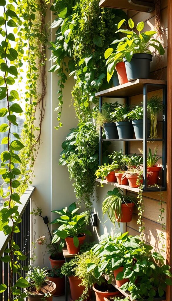 A balcony filled with vibrant vertical gardening solutions, bathed in warm, natural light. Lush greenery cascades from stylish wall-mounted planters, creating a lush, inviting oasis. Sleek, modern shelving units hold a variety of potted vegetables and herbs, their leaves gently swaying in the breeze. Carefully selected trailing vines and climbing plants add depth and texture, framing the scene. The overall composition exudes a sense of harmonious, space-saving productivity, perfectly suited for an urban balcony garden.