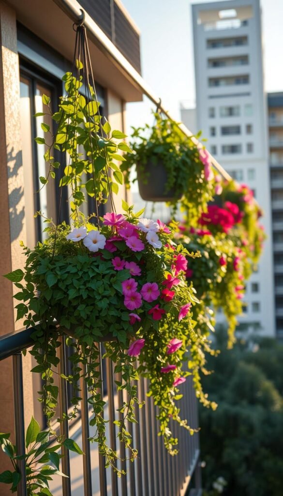 A balcony oasis with a series of railing-mounted hanging planters, cascading with lush foliage and blooming flowers. Warm sunshine filters through the greenery, casting gentle shadows and highlights across the scene. The planters are a mix of trailing vines, verdant ferns, and vibrant annuals, creating a harmonious, nature-inspired display. The railing is crafted from sleek, modern metal, providing a sturdy yet stylish framework for the verdant arrangement. Soft, ambient lighting accentuates the textures and colors, evoking a serene, inviting atmosphere perfect for a peaceful urban retreat.