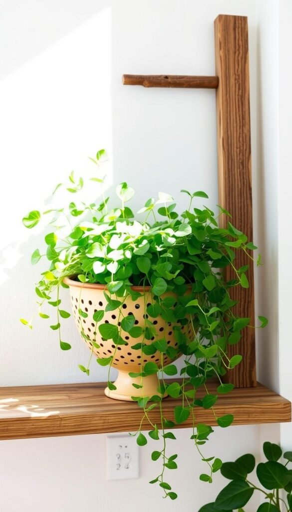 A beautifully crafted DIY colander planter, its perforated surface adorned with vibrant cascading greenery, sits on a rustic wooden shelf against a minimalist white wall. Soft natural light filters in, illuminating the earthy tones of the ceramic colander and the lush foliage spilling out. The planter is positioned alongside a reclaimed wooden trellis, its weathered texture complementing the handcrafted aesthetic. This simple yet stylish arrangement captures the essence of a space-saving indoor vertical garden, inspiring the viewer to create their own botanical sanctuary.