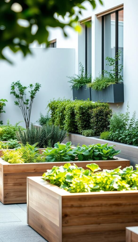 A beautifully crafted modern raised garden bed design, featuring a combination of sleek, minimalist wooden planters and neatly arranged lush greenery. The scene is bathed in soft, natural lighting, creating a serene and inviting atmosphere. The beds are positioned in the foreground, drawing the eye towards the vibrant vegetables and herbs. In the middle ground, a harmonious arrangement of different textures and shapes, such as trailing vines and compact bushes, add depth and visual interest. The background showcases a contemporary architectural element, perhaps a window or a low wall, seamlessly integrating the garden into the broader living space. The overall composition exudes a sense of tranquility and sophisticated style, perfectly complementing the "Creative Techniques with Raised Beds and Window Boxes" section of the article.