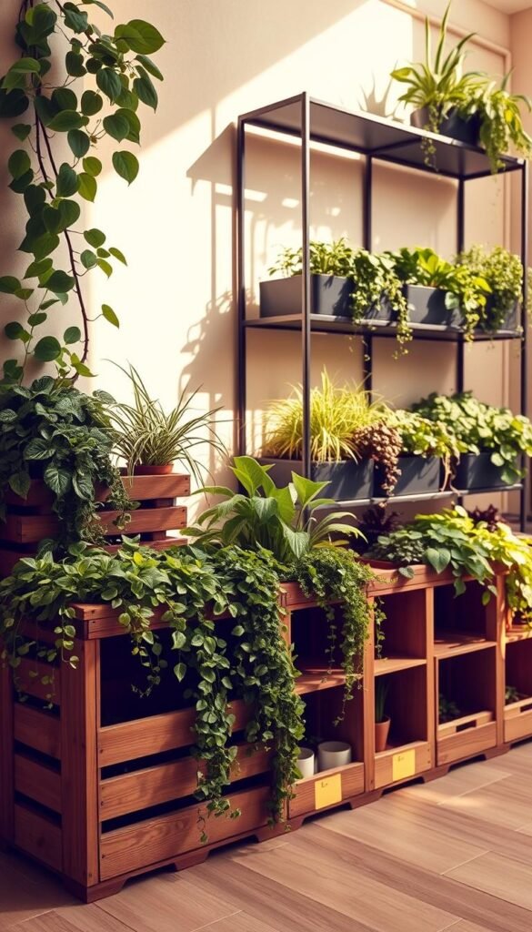 A beautifully crafted vertical garden showcasing an array of lush, thriving plants. The foreground features a series of DIY planters made from repurposed wooden crates, each one overflowing with cascading greenery. The middle ground displays a modular shelving system, its sleek metal frame providing ample space for additional planter boxes. In the background, a sun-dappled wall acts as a natural backdrop, emphasizing the vibrancy of the verdant foliage. Soft, warm lighting casts a gentle glow, creating an inviting and tranquil atmosphere. The composition is artfully arranged, highlighting the creativity and functionality of this DIY vertical garden solution.