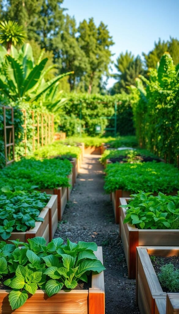 A beautifully designed raised bed garden, with neatly arranged wooden planters in the foreground. The beds are filled with lush, thriving vegetables and herbs, their vibrant greens and vibrant hues creating a visually appealing layout. The middle ground showcases a well-maintained pathway, bordered by neatly trimmed plants, leading the eye towards a background of verdant foliage and a clear blue sky. Soft, natural lighting casts gentle shadows, accentuating the textures and forms of the plants. The overall composition conveys a sense of harmony, efficiency, and the joys of bountiful, homegrown produce.