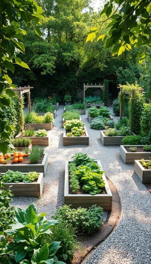 A beautifully designed raised vegetable garden, framed by lush greenery and sunlight filtering through the canopy. The central layout features a symmetrical arrangement of raised beds, each brimming with vibrant, healthy vegetables. The beds are constructed from weathered wooden planks, complementing the earthy tones of the soil. Winding pathways of crushed stone meander through the garden, inviting exploration. Carefully placed trellises support climbing vines, adding vertical interest and a sense of tranquility. The scene is bathed in a soft, natural light, casting gentle shadows and highlighting the textures of the garden's elements. An oasis of productivity and beauty, this raised vegetable garden design seamlessly blends form and function.