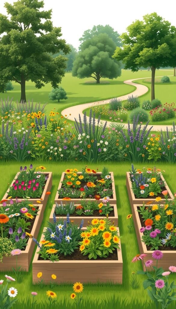 A beautifully designed square-foot pollinator garden layout, captured in a crisp, detailed illustration. In the foreground, a grid of raised garden beds filled with vibrant, nectar-rich flowers and plants, meticulously arranged to attract a diverse array of pollinators. The middle ground showcases a lush, carefully curated assortment of native wildflowers, their petals gently swaying in a soft, natural breeze. In the background, a verdant, park-like setting with towering trees and a serene, meandering path, creating a harmonious, welcoming atmosphere. The lighting is soft and diffused, enhancing the garden's natural beauty and capturing the essence of a pollinator-friendly oasis. Captured from a slightly elevated angle, the layout provides a comprehensive, visually appealing overview of this carefully designed square-foot pollinator garden.