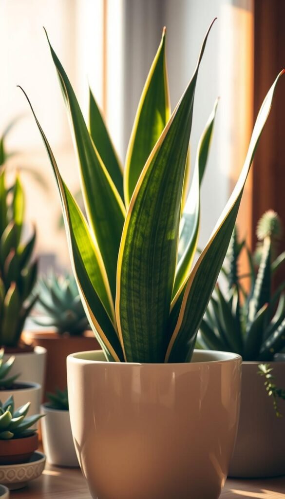 A beautifully illuminated indoor succulent scene, featuring a lush, thriving snake plant (Sansevieria trifasciata) in the foreground. The plant's sword-shaped, variegated leaves sway gracefully under warm, diffused lighting, casting intriguing shadows on the smooth, cream-colored ceramic pot. In the middle ground, a collection of other low-maintenance succulents, such as echeveria and jade plants, create a harmonious composition. The background is softly blurred, hinting at a minimal, modern interior design with natural wood tones and white walls, allowing the plants to take center stage. The overall mood is one of serenity, tranquility, and a celebration of the beauty and resilience of these easy-care houseplants.