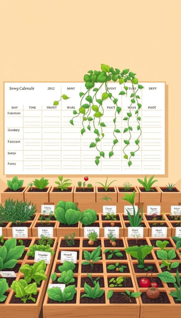 A beautifully illustrated sowing schedule calendar, featuring a clean and minimalist design. The calendar is set against a warm, earthy-toned background, with soft natural lighting casting gentle shadows. In the foreground, neatly organized rows of sowing boxes and seed packets showcase a variety of fresh produce, including leafy greens, herbs, and root vegetables. The middle ground depicts a lush, thriving balcony garden, with trailing vines and vibrant foliage. The overall mood is one of serene productivity, inspiring the viewer to plan their own nonstop succession of fresh homegrown bounty.