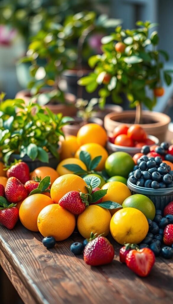 A beautifully lit and focused arrangement of various container-friendly fruit varieties displayed on a rustic wooden table. In the foreground, a selection of ripe citrus fruits - vibrant oranges, lemons, and limes - sit alongside juicy strawberries and blueberries. The middle ground features small potted plants, perhaps a dwarf apple tree or a trailing blackberry vine, showcasing the versatility of container gardening. The background softly blurs, highlighting the main subjects and creating a sense of depth. The lighting is warm and natural, reflecting the homey, inviting atmosphere of a patio-friendly fruit garden.