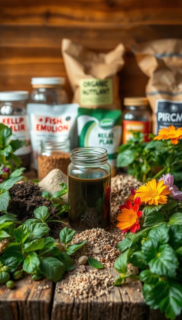 A bountiful array of organic hydroponics nutrients, artfully arranged on a rustic wooden surface. In the foreground, lush green leafy plants and vibrant flowers thrive, their roots nourished by a blend of compost, seaweed extract, and mineral-rich rock powders. The middle ground features a glass jar filled with a rich, dark liquid - a concentrated plant food derived from natural sources. In the background, jars and bags of various organic supplements, such as kelp, fish emulsion, and bat guano, create a harmonious visual symphony. Warm, diffused lighting casts a soft, natural glow, emphasizing the earthy tones and textures of the scene. This image evokes a sense of sustainable, eco-friendly hydroponics, where nature and modern cultivation techniques coexist in perfect harmony.
