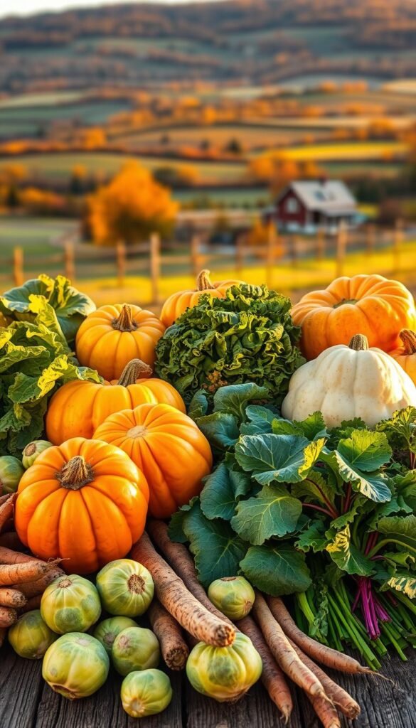 A bountiful assortment of cold-hardy autumn vegetables arranged on a rustic wooden table, illuminated by warm, golden natural lighting. In the foreground, vibrant squash, hearty Brussels sprouts, and knotty root vegetables like carrots and parsnips. In the middle ground, clusters of leafy kale, chard, and spinach, their vibrant colors contrasting against the wooden backdrop. In the far background, a picturesque autumn landscape with rolling hills and a cozy farmhouse, hinting at the perfect setting for a fall harvest. The overall composition conveys the abundance and resilience of these cold-hardy crops, ready to extend the growing season well into the cooler months.