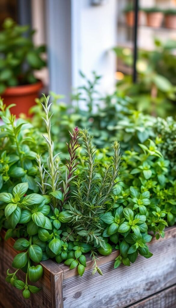 A bountiful container herb garden, its flavor varieties on full display. In the foreground, lush sprigs of fragrant basil, rosemary, and thyme, their vibrant hues contrasting against a rustic wooden planter. The middle ground showcases a variety of potted herbs, each with its distinct leaf shape and aroma - from the delicate curls of oregano to the robust leaves of sage. The background features a soft, warm lighting that casts a gentle glow, creating a cozy, inviting atmosphere. The overall composition emphasizes the harmony and beauty of these easy-to-grow, no-fail herbs, perfect for beginner gardeners looking to cultivate their own culinary oasis on a patio or balcony.