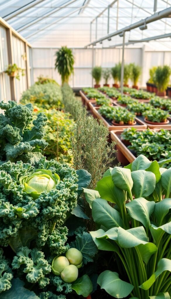 A bountiful greenhouse interior, bathed in warm, natural light. In the foreground, a selection of cold-hardy vegetable crops stand tall and vibrant - kale, Brussels sprouts, Swiss chard, and hardy greens. Their lush, textured leaves and crisp stalks exude resilience. In the middle ground, potted herbs like rosemary and thyme thrive, their delicate fragrances mingling with the earthy scents of the soil. The background reveals orderly rows of raised garden beds, packed with an array of wintery produce - carrots, beets, parsnips, and turnips. The scene conveys a sense of abundance and the triumph of life over the chill of winter, a celebration of the resilience of these cold-hardy crops.
