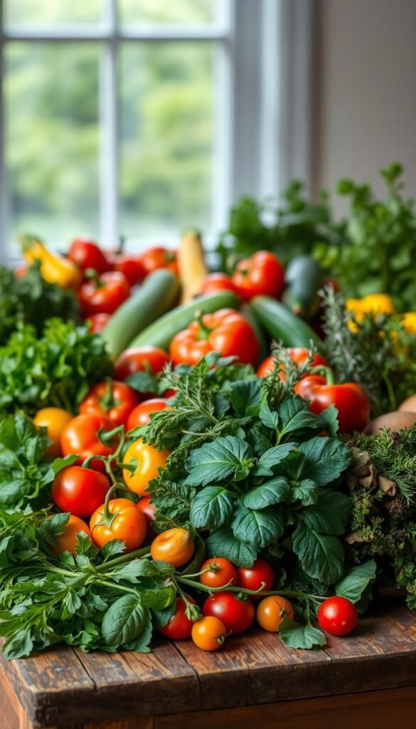 A bountiful selection of fresh, vibrant vegetables and herbs arranged artfully on a rustic wooden table. In the foreground, a variety of leafy greens, such as kale, spinach, and arugula, intermingle with fragrant herbs like basil, rosemary, and thyme. In the middle ground, colorful produce like tomatoes, bell peppers, and zucchini create a visually striking display. The background features a softly blurred window, allowing natural light to bathe the scene in a warm, inviting glow. The overall composition conveys a sense of abundance, health, and the joy of homegrown gardening.